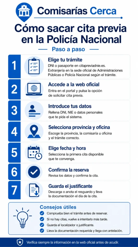 Infografía de Comisarías Cerca con siete pasos para solicitar cita previa en la Policía Nacional